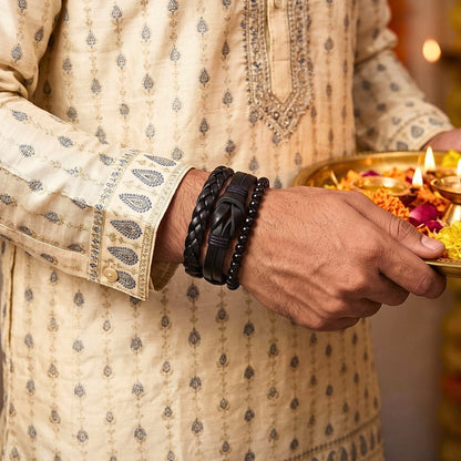 THE MEN THING Leather Bracelet The Perfect Rakhi Gift For Every Brother – DARK LATTICE - Genuine Leather Bracelets With Timeless Style (Adjustable)