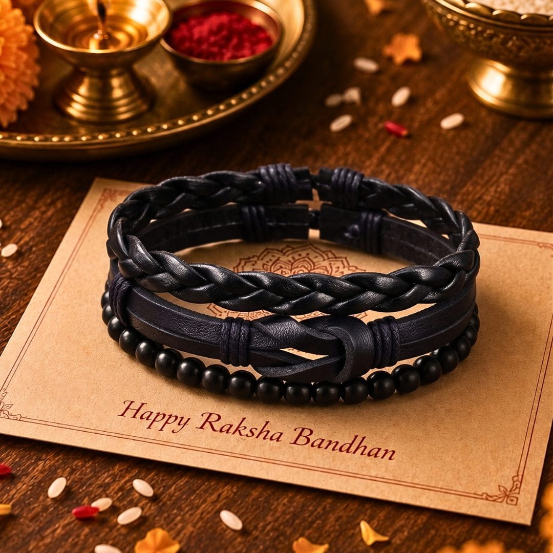 THE MEN THING Leather Bracelet The Perfect Rakhi Gift For Every Brother – DARK LATTICE - Genuine Leather Bracelets With Timeless Style (Adjustable)