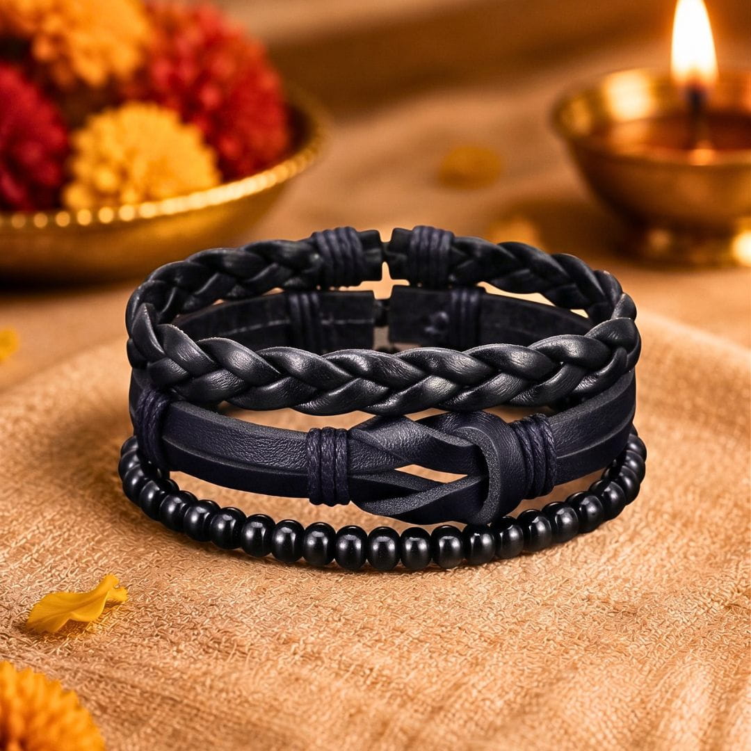 THE MEN THING Leather Bracelet The Perfect Rakhi Gift For Every Brother – DARK LATTICE - Genuine Leather Bracelets With Timeless Style (Adjustable)