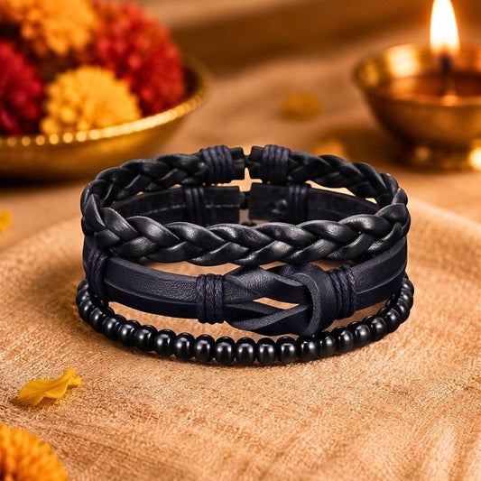 THE MEN THING Leather Bracelet The Perfect Rakhi Gift For Every Brother – DARK LATTICE - Genuine Leather Bracelets With Timeless Style (Adjustable)