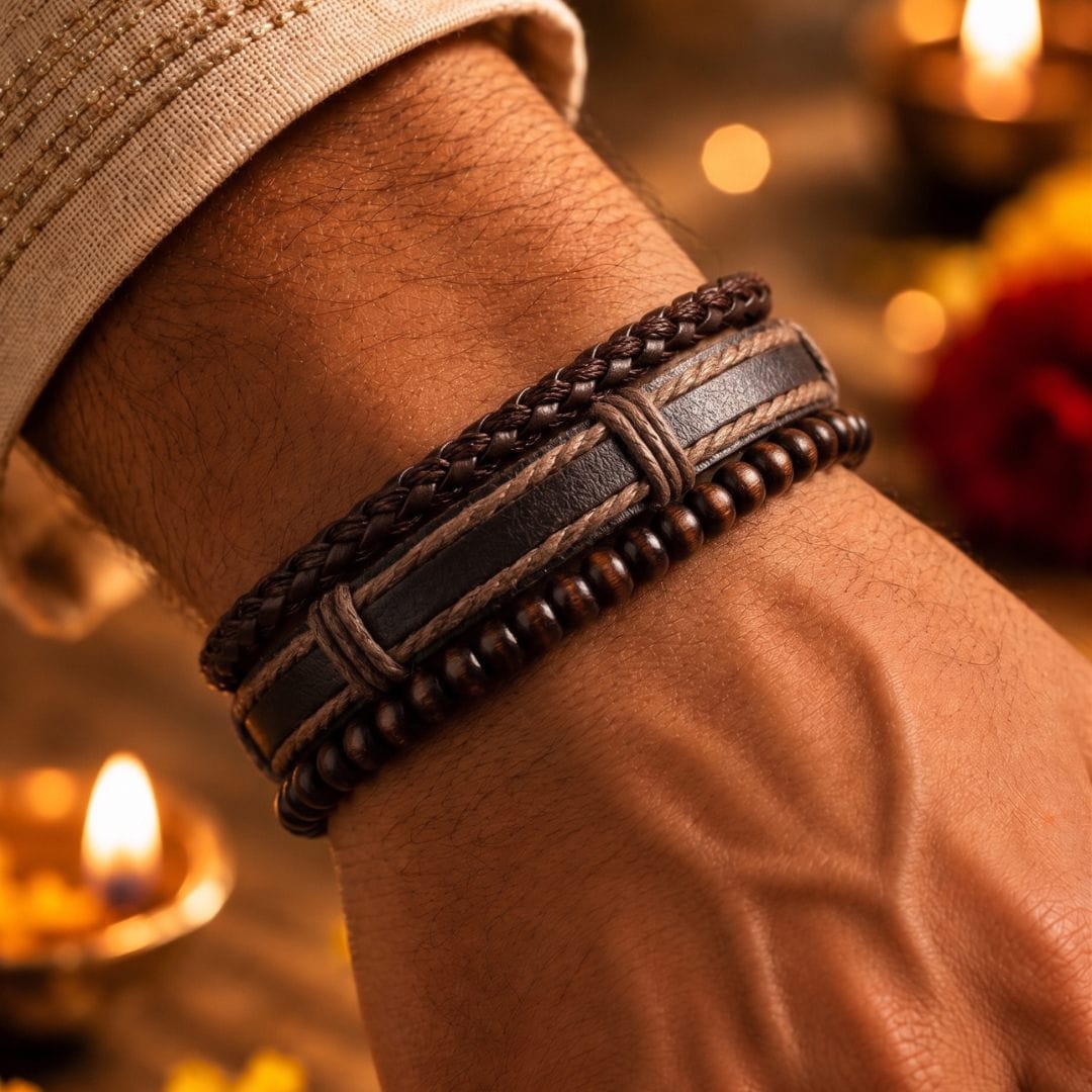 THE MEN THING Leather Bracelet The Perfect Rakhi Gift For Every Brother – DARK OAK - Genuine Leather Bracelets With Timeless Style (Adjustable)