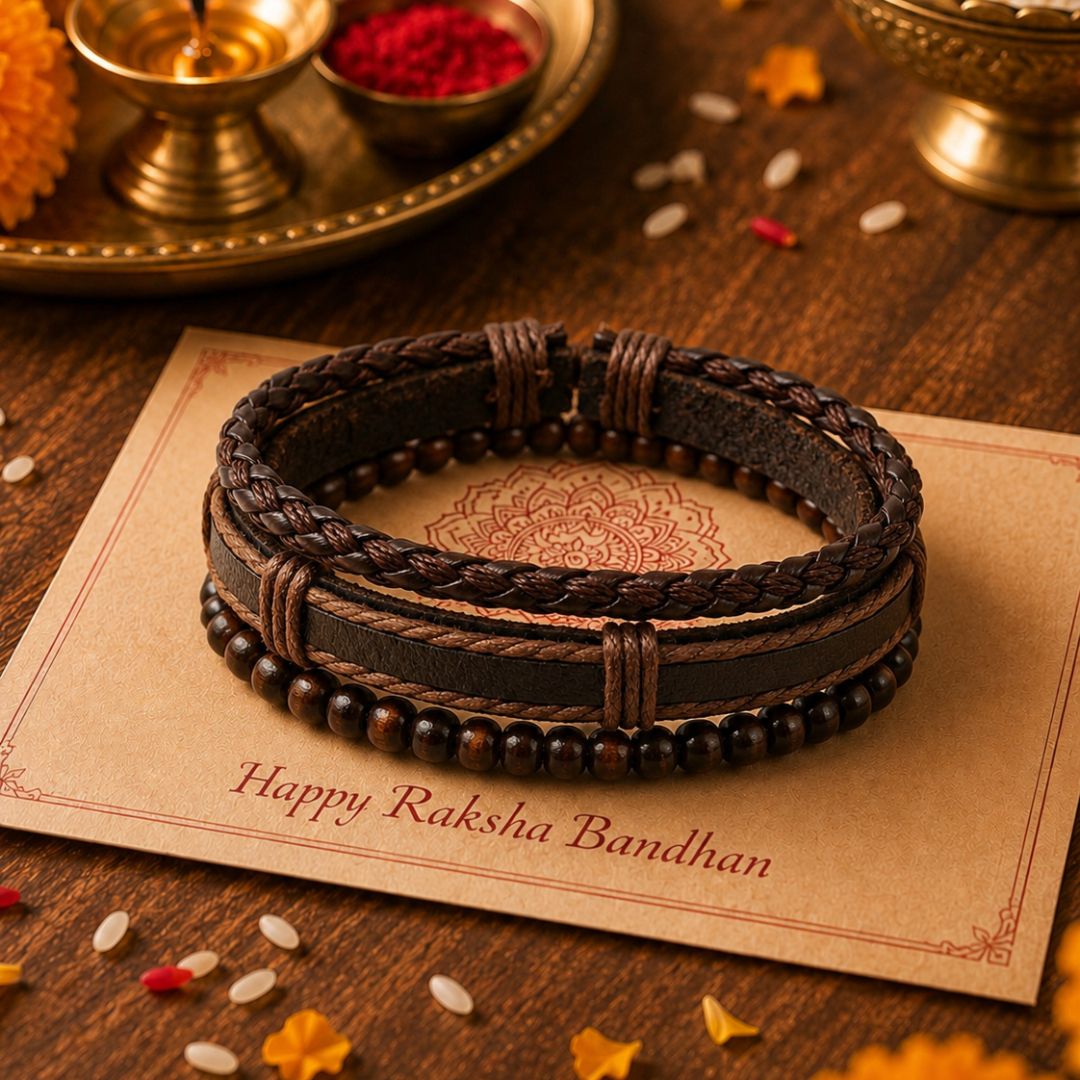THE MEN THING Leather Bracelet The Perfect Rakhi Gift For Every Brother – DARK OAK - Genuine Leather Bracelets With Timeless Style (Adjustable)