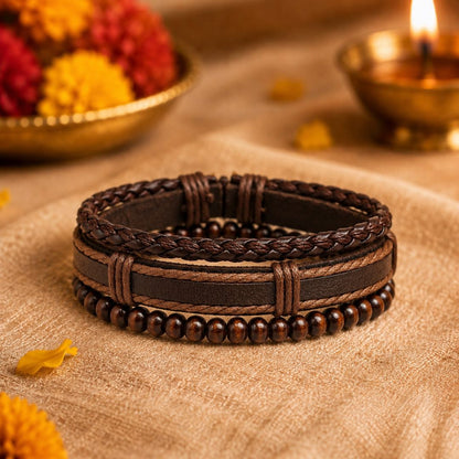 THE MEN THING Leather Bracelet The Perfect Rakhi Gift For Every Brother – DARK OAK - Genuine Leather Bracelets With Timeless Style (Adjustable)