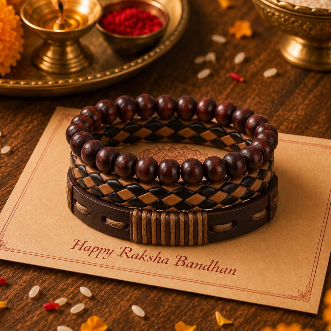 THE MEN THING Leather Bracelet The Perfect Rakhi Gift For Every Brother – DESERT STORM - Premium 3 Pcs Leather Bracelets With Timeless Style (8inch)