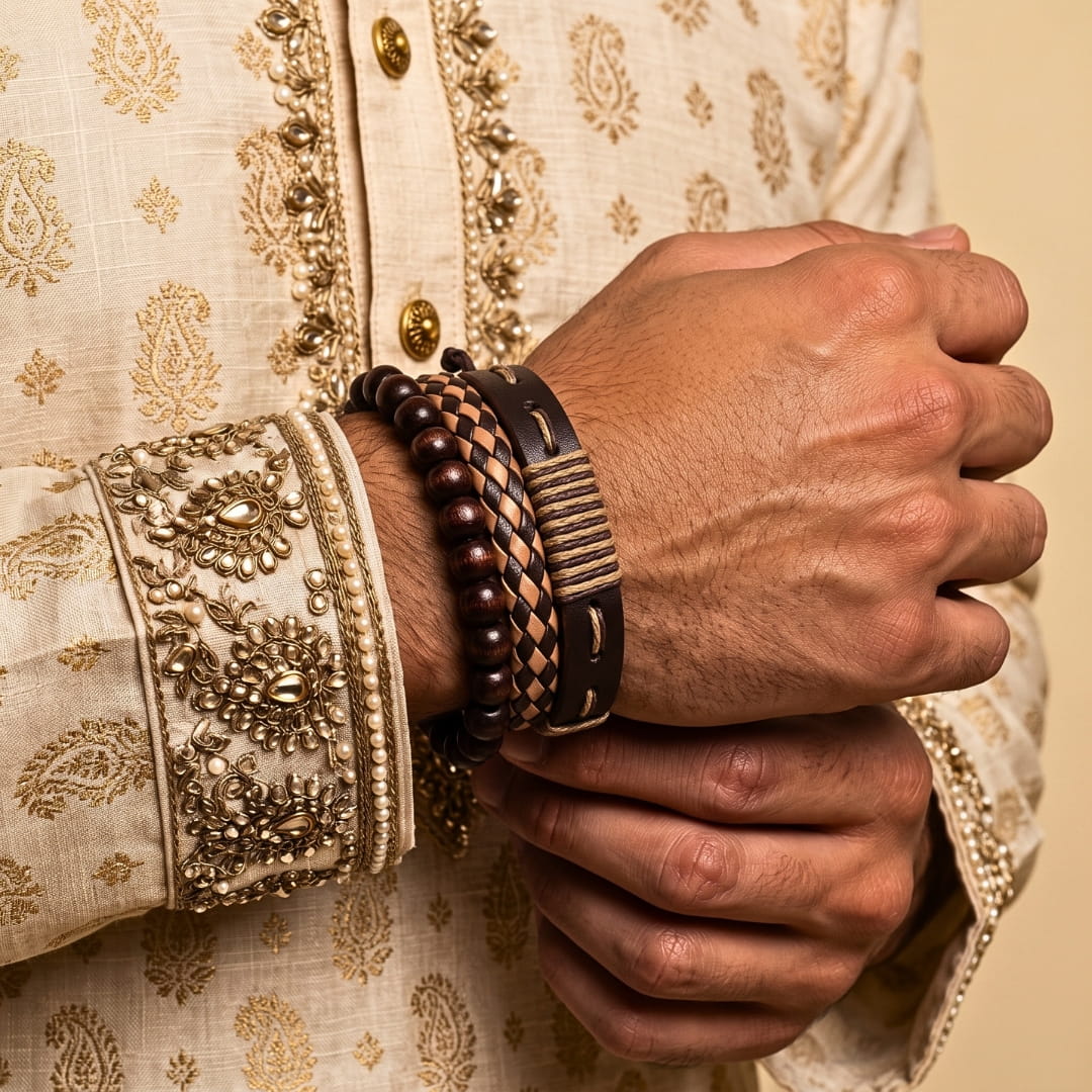 THE MEN THING Leather Bracelet The Perfect Rakhi Gift For Every Brother – DESERT STORM - Premium 3 Pcs Leather Bracelets With Timeless Style (8inch)