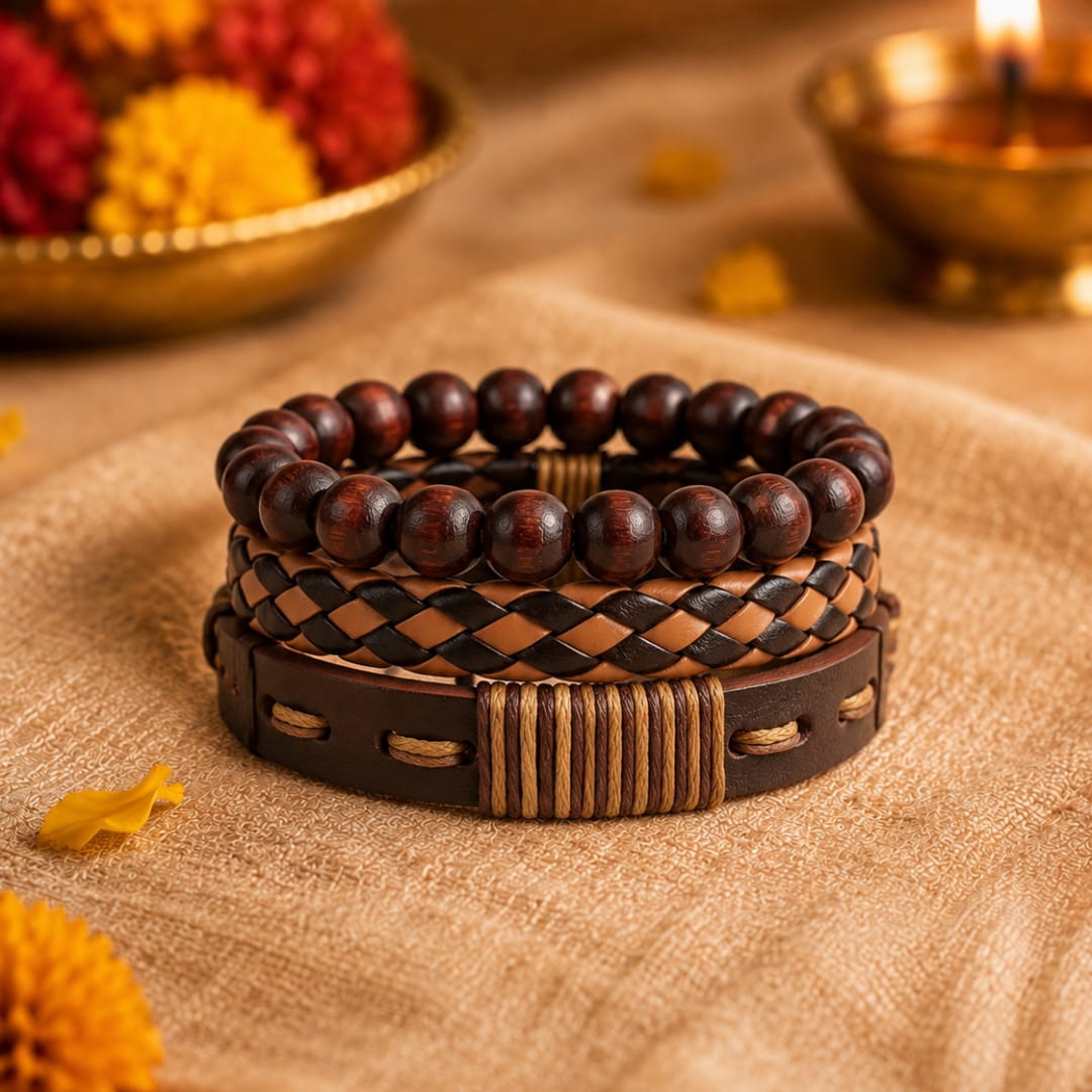 THE MEN THING Leather Bracelet The Perfect Rakhi Gift For Every Brother – DESERT STORM - Premium 3 Pcs Leather Bracelets With Timeless Style (8inch)