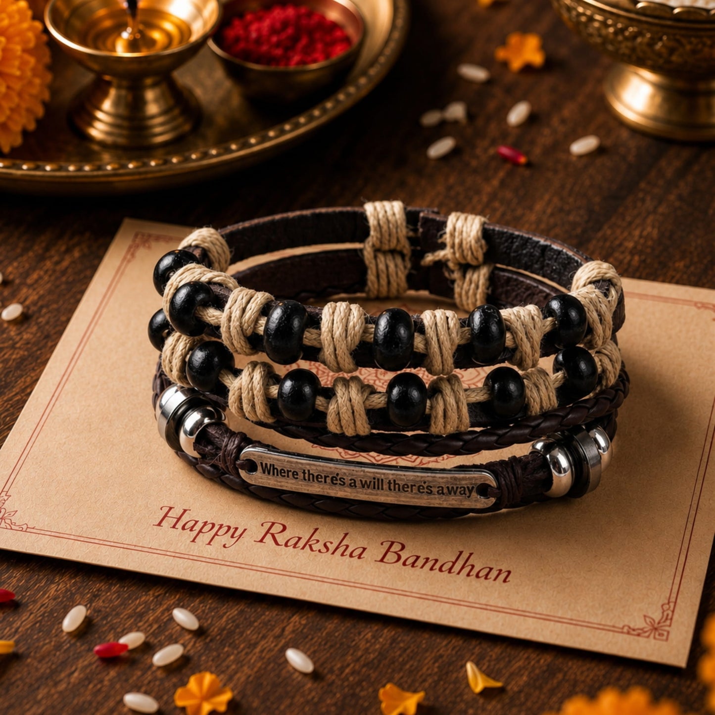 THE MEN THING Leather Bracelet The Perfect Rakhi Gift For Every Brother – DESTINY WRAP - Premium 2 Pcs Leather Bracelets With Timeless Style (8inch)