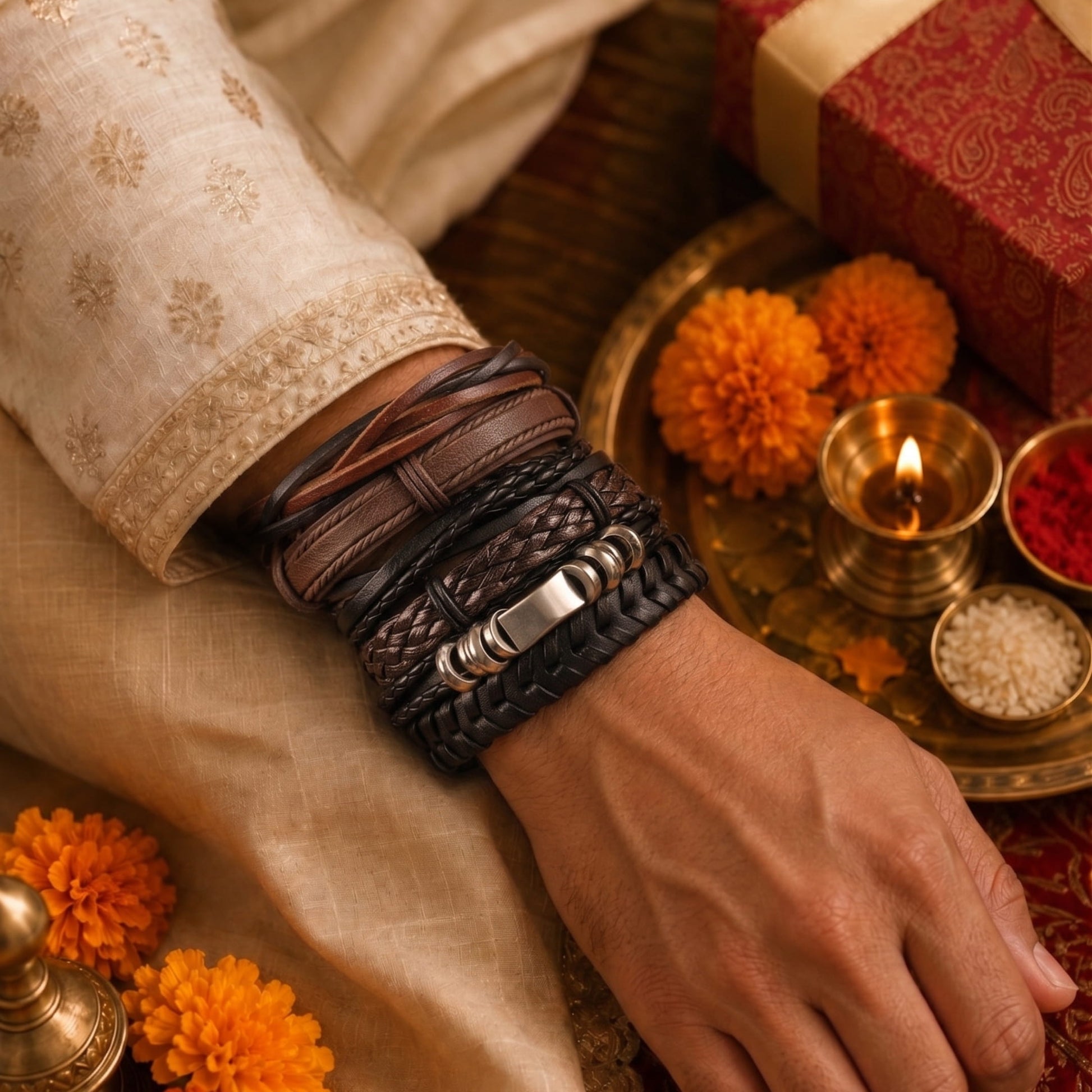 THE MEN THING Leather Bracelet The Perfect Rakhi Gift For Every Brother – Driftwood Wrap Premium Leather Bracelets With Timeless Style (8 Inch)