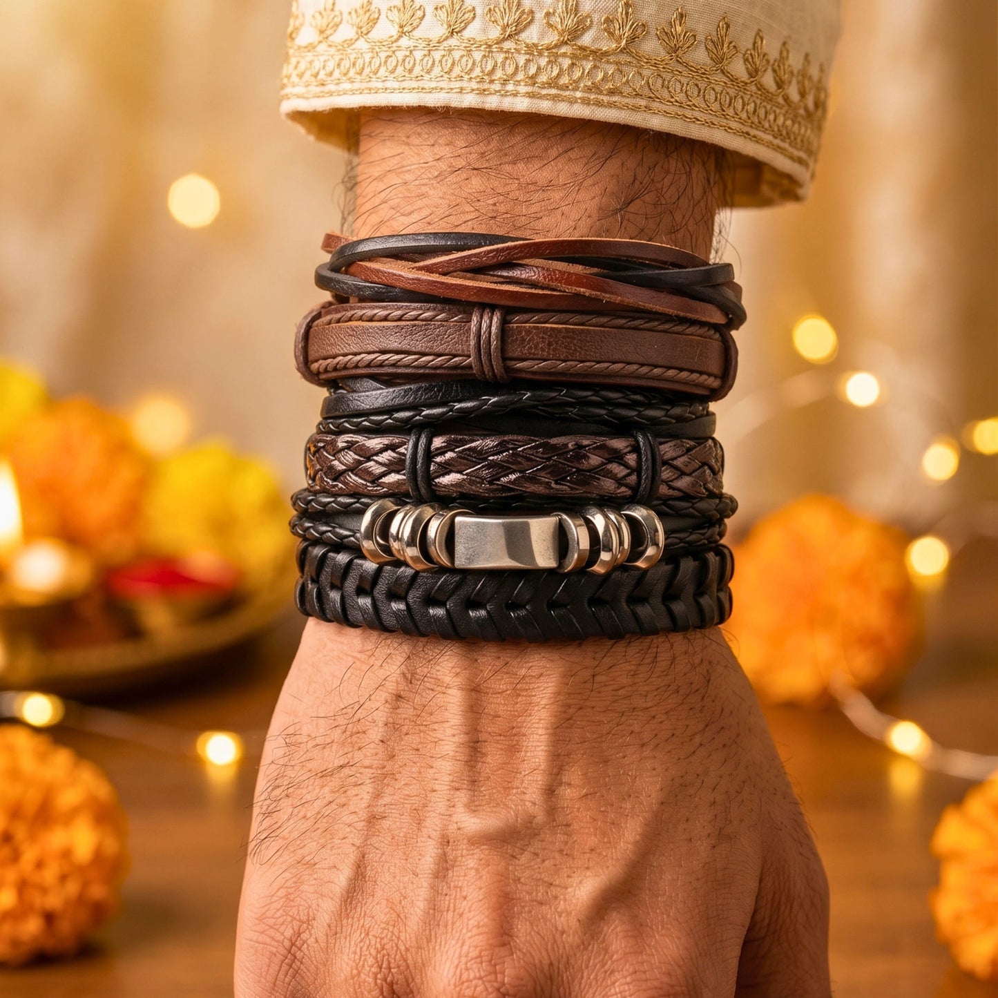 THE MEN THING Leather Bracelet The Perfect Rakhi Gift For Every Brother – Driftwood Wrap Premium Leather Bracelets With Timeless Style (8 Inch)