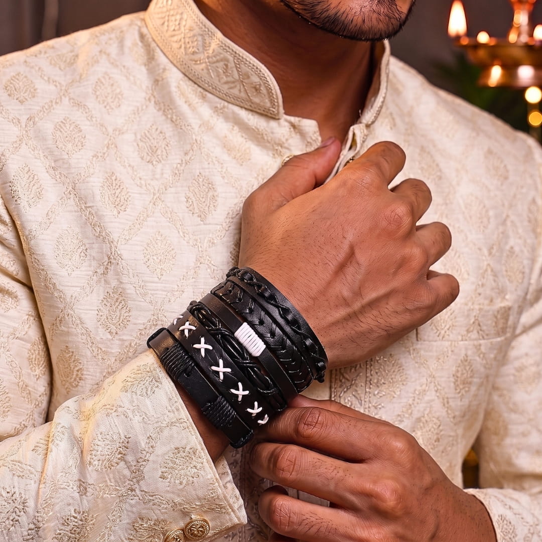 THE MEN THING Leather Bracelet The Perfect Rakhi Gift For Every Brother – EVOLVE BAND - Premium 6 Pcs Leather Bracelets With Timeless Style (8inch)