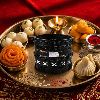 THE MEN THING Leather Bracelet The Perfect Rakhi Gift For Every Brother – EVOLVE BAND - Premium 6 Pcs Leather Bracelets With Timeless Style (8inch)
