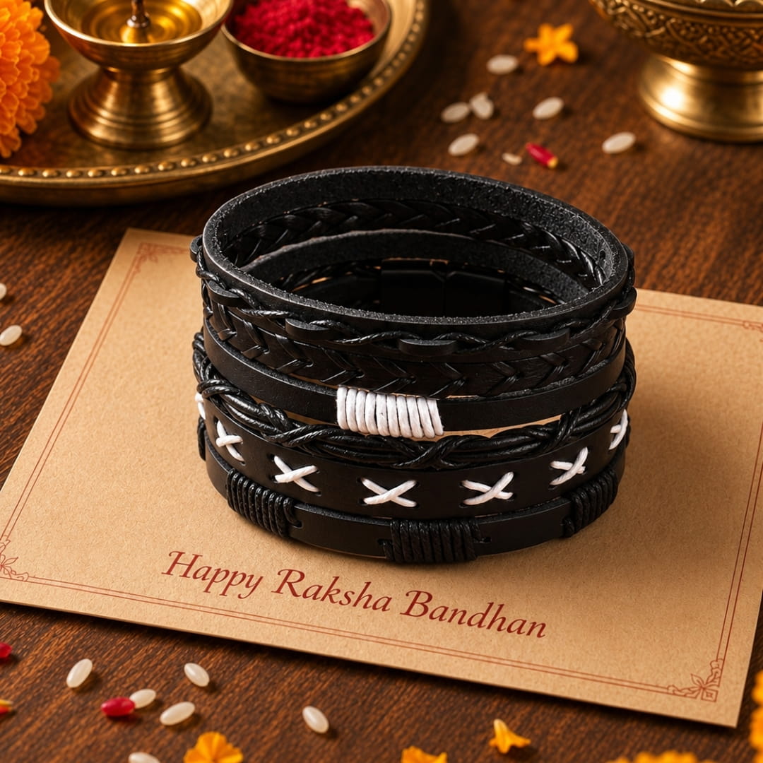 THE MEN THING Leather Bracelet The Perfect Rakhi Gift For Every Brother – EVOLVE BAND - Premium 6 Pcs Leather Bracelets With Timeless Style (8inch)
