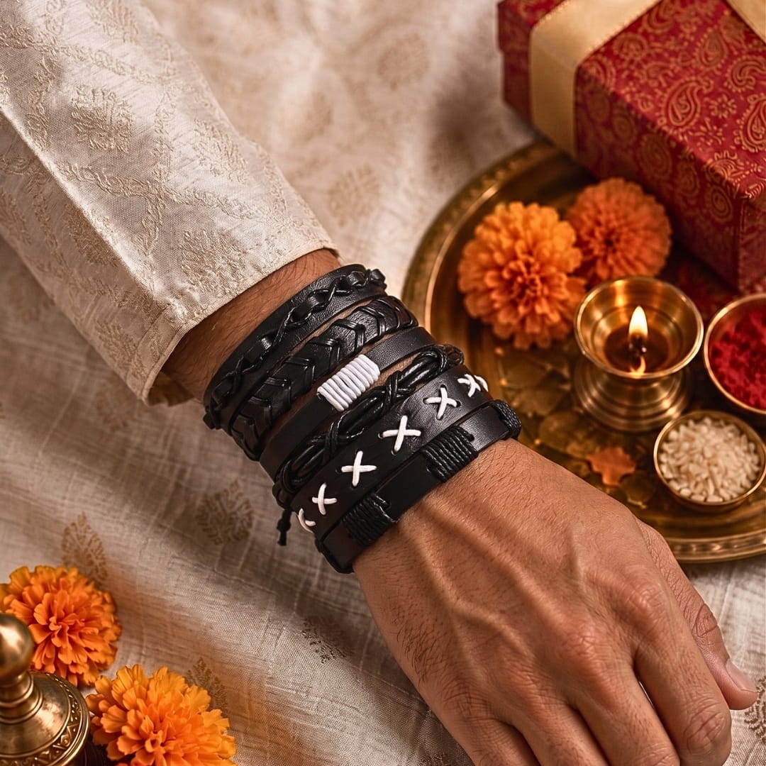 THE MEN THING Leather Bracelet The Perfect Rakhi Gift For Every Brother – EVOLVE BAND - Premium 6 Pcs Leather Bracelets With Timeless Style (8inch)