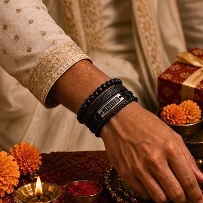 THE MEN THING Leather Bracelet The Perfect Rakhi Gift For Every Brother – FAITHAURA - Premium 4 Pcs Leather Bracelets With Timeless Style (8inch)