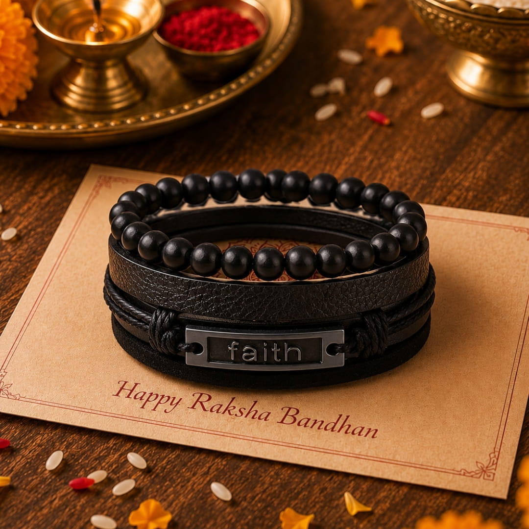 THE MEN THING Leather Bracelet The Perfect Rakhi Gift For Every Brother – FAITHAURA - Premium 4 Pcs Leather Bracelets With Timeless Style (8inch)