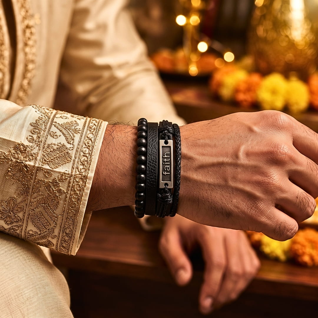THE MEN THING Leather Bracelet The Perfect Rakhi Gift For Every Brother – FAITHAURA - Premium 4 Pcs Leather Bracelets With Timeless Style (8inch)