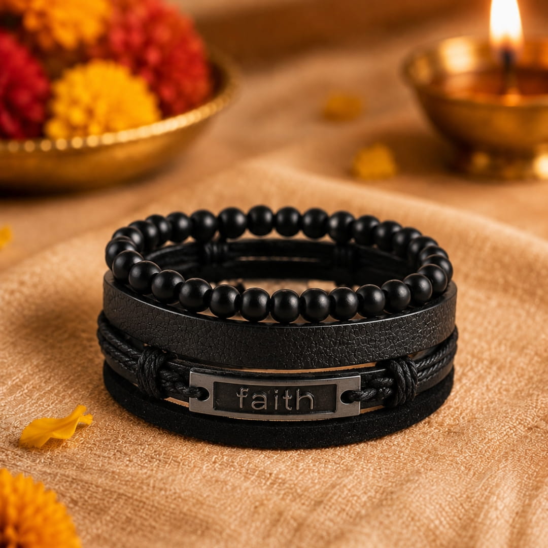 THE MEN THING Leather Bracelet The Perfect Rakhi Gift For Every Brother – FAITHAURA - Premium 4 Pcs Leather Bracelets With Timeless Style (8inch)