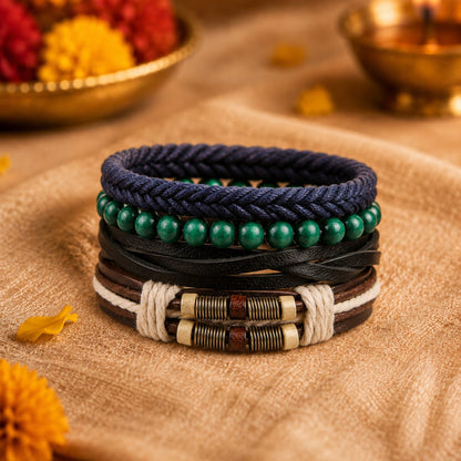 THE MEN THING Leather Bracelet The Perfect Rakhi Gift For Every Brother – FROSTBORN CUFF - Premium 3 Pcs Leather Bracelets With Timeless Style (8inch)