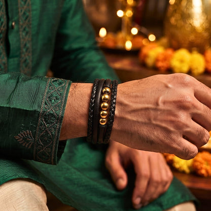THE MEN THING Leather Bracelet The Perfect Rakhi Gift For Every Brother – GILDED ORBIT - Premium Leather Multi-Layer Bracelet With Timeless Style (8inch)