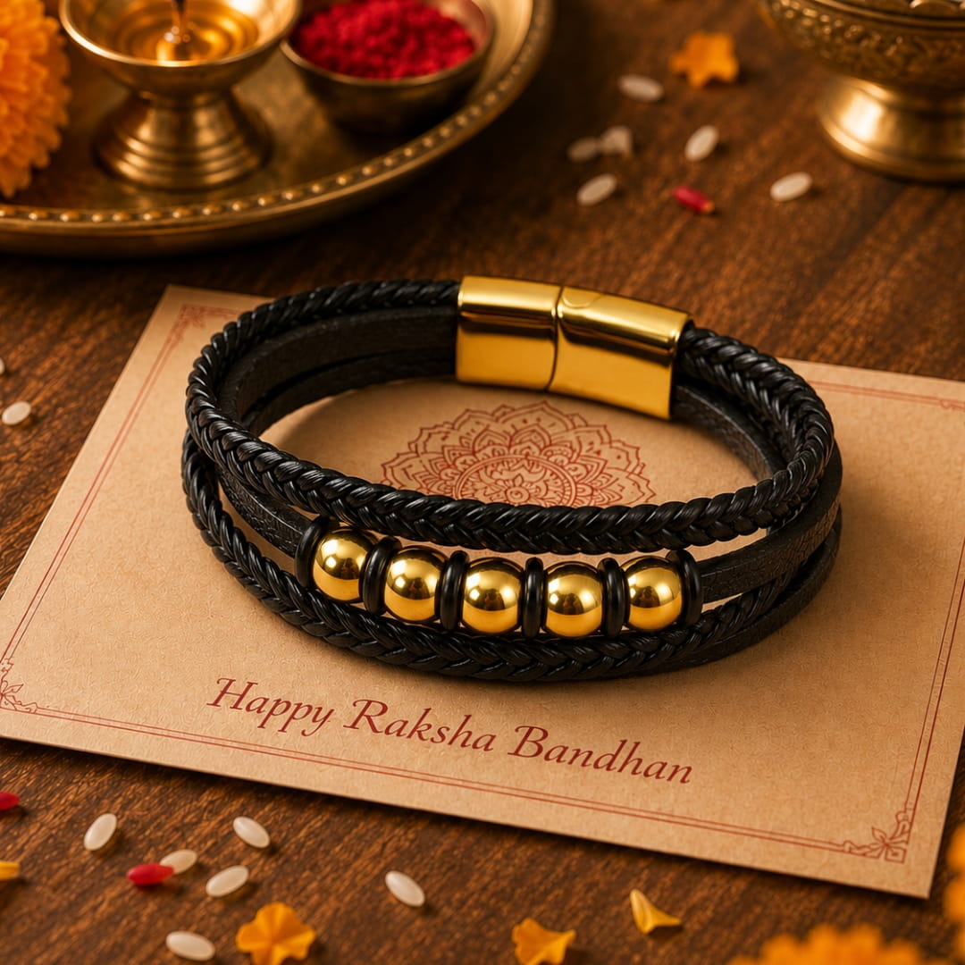 THE MEN THING Leather Bracelet The Perfect Rakhi Gift For Every Brother – GILDED ORBIT - Premium Leather Multi-Layer Bracelet With Timeless Style (8inch)