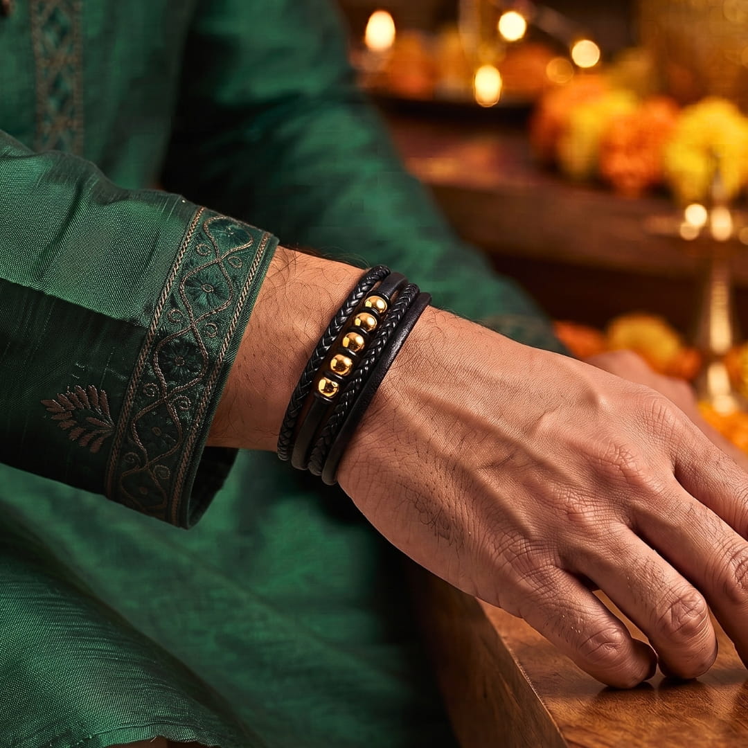 THE MEN THING Leather Bracelet The Perfect Rakhi Gift For Every Brother – GILDED ORBIT - Premium Leather Multi-Layer Bracelet With Timeless Style (8inch)
