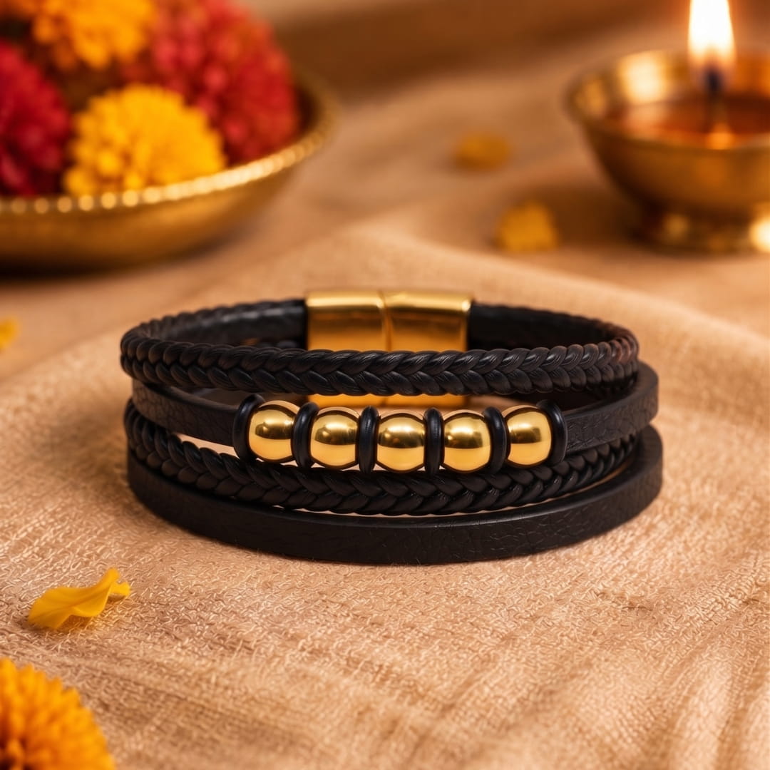 THE MEN THING Leather Bracelet The Perfect Rakhi Gift For Every Brother – GILDED ORBIT - Premium Leather Multi-Layer Bracelet With Timeless Style (8inch)