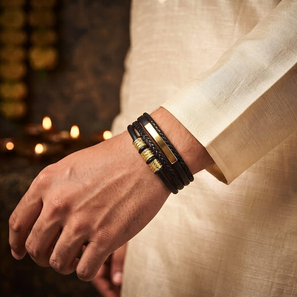 The Perfect Rakhi Gift For Every Brother – GILDED SHADOW BLACK - Premium Leather Multi-Layer Bracelet With Timeless Style (8inch)