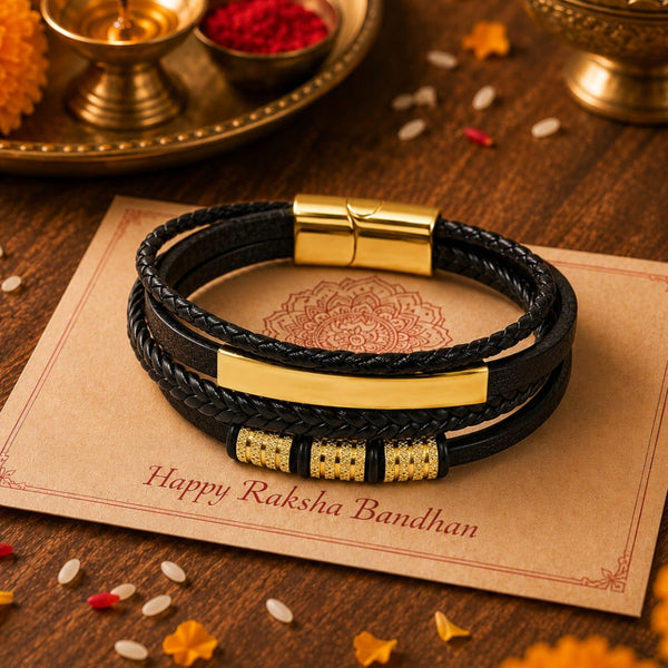 The Perfect Rakhi Gift For Every Brother – GILDED SHADOW BLACK - Premium Leather Multi-Layer Bracelet With Timeless Style (8inch)