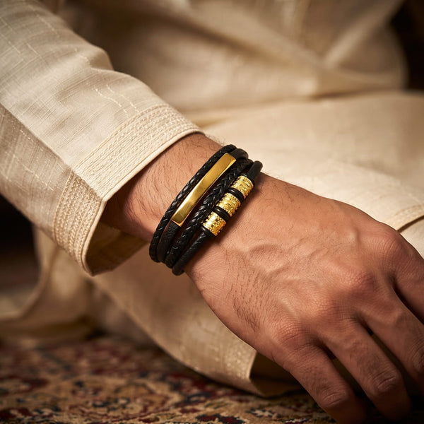 The Perfect Rakhi Gift For Every Brother – GILDED SHADOW BLACK - Premium Leather Multi-Layer Bracelet With Timeless Style (8inch)