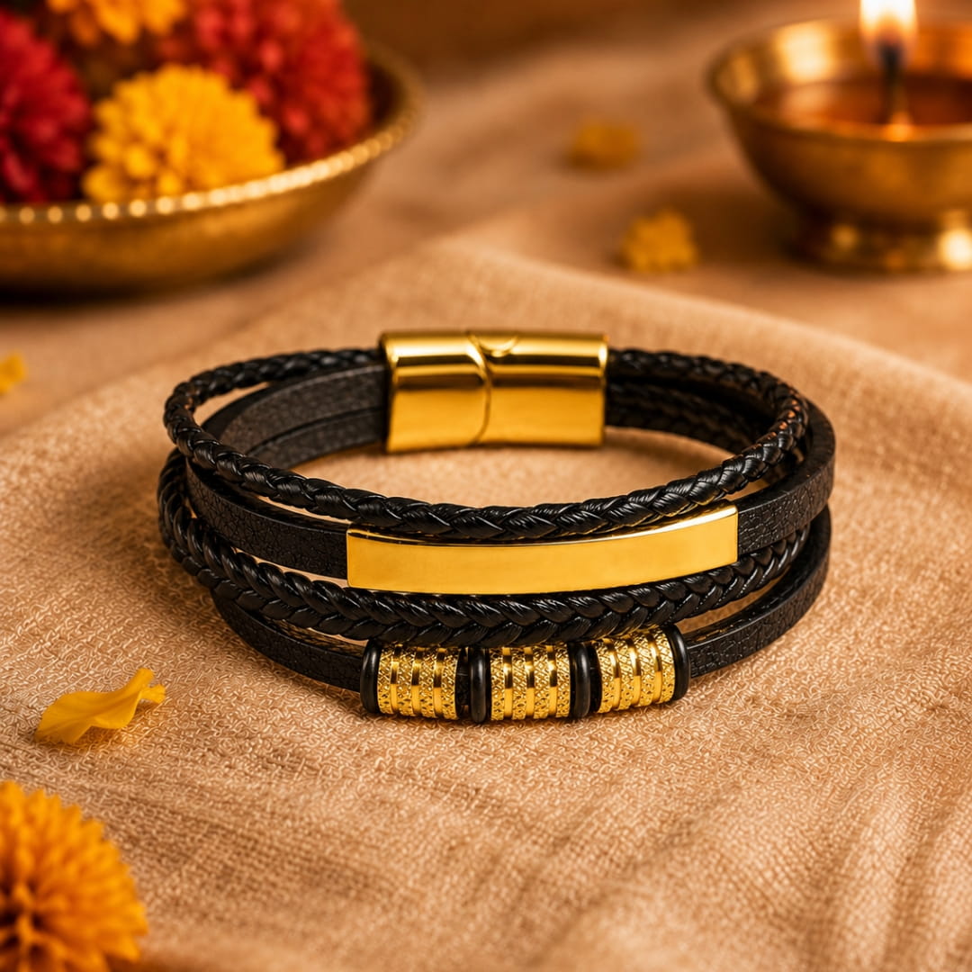 THE MEN THING Leather Bracelet The Perfect Rakhi Gift For Every Brother – GILDED SHADOW BLACK - Premium Leather Multi-Layer Bracelet With Timeless Style (8inch)