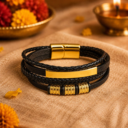 THE MEN THING Leather Bracelet The Perfect Rakhi Gift For Every Brother – GILDED SHADOW BLACK - Premium Leather Multi-Layer Bracelet With Timeless Style (8inch)