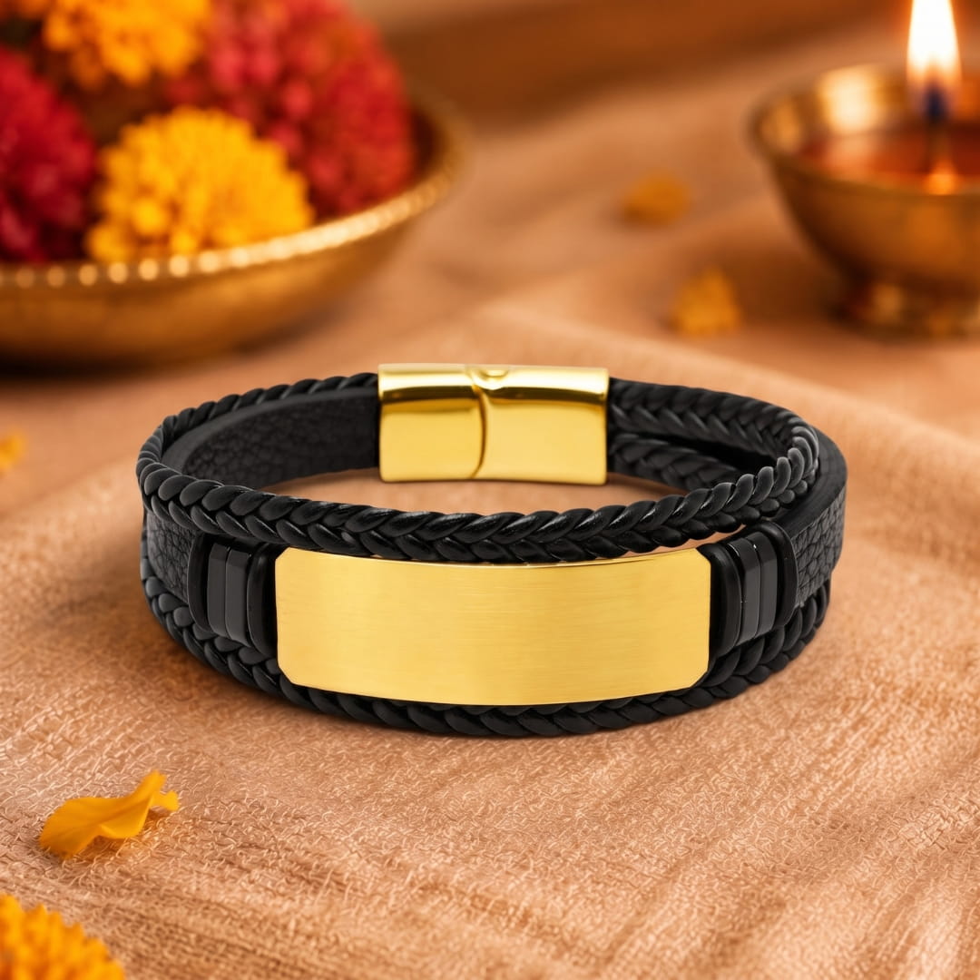 THE MEN THING Leather Bracelet The Perfect Rakhi Gift For Every Brother – GOLDEN PLATE BLACK - Premium Genuine Leather Bracelet With Timeless Style (8 Inch)