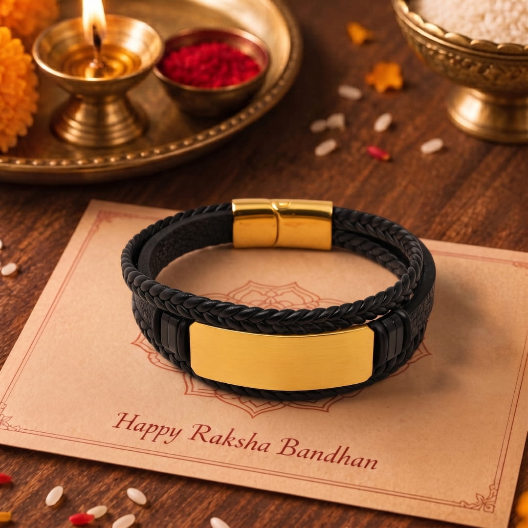 THE MEN THING Leather Bracelet The Perfect Rakhi Gift For Every Brother – GOLDEN PLATE BLACK - Premium Genuine Leather Bracelet With Timeless Style (8 Inch)
