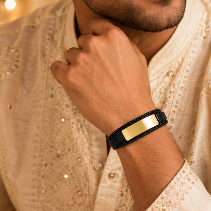 THE MEN THING Leather Bracelet The Perfect Rakhi Gift For Every Brother – GOLDEN PLATE BLACK - Premium Genuine Leather Bracelet With Timeless Style (8 Inch)
