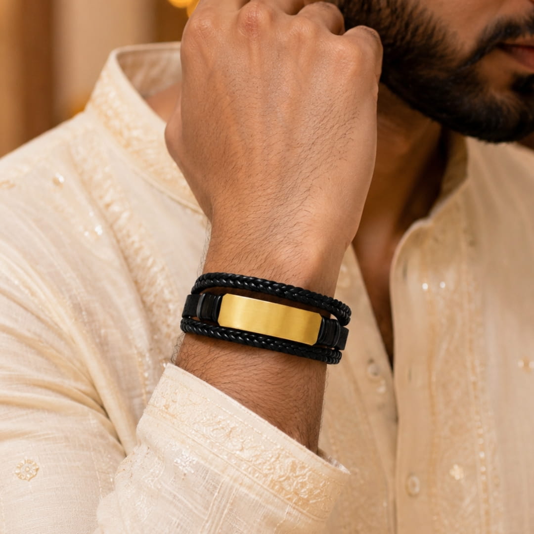 THE MEN THING Leather Bracelet The Perfect Rakhi Gift For Every Brother – GOLDEN PLATE BLACK - Premium Genuine Leather Bracelet With Timeless Style (8 Inch)