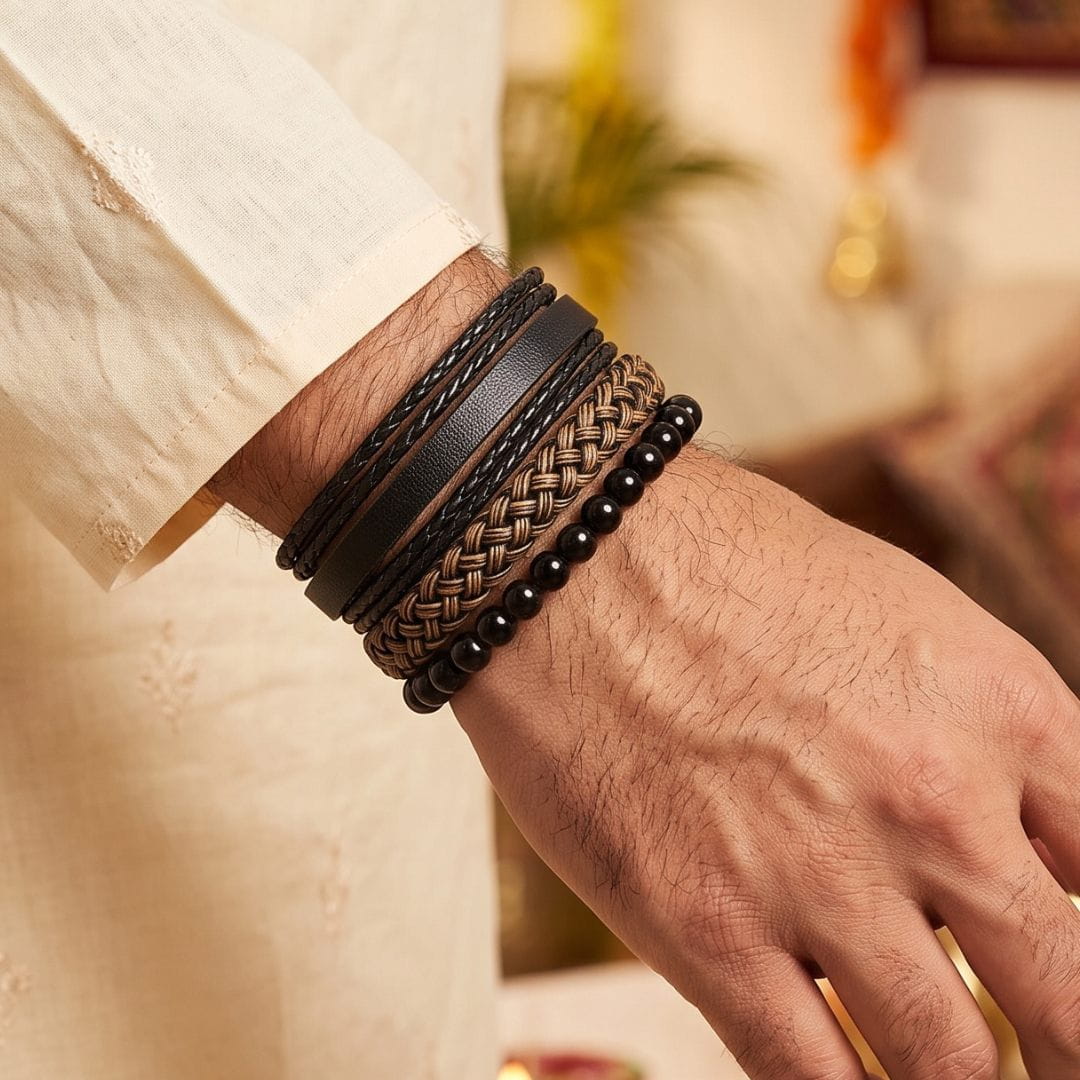 THE MEN THING Leather Bracelet The Perfect Rakhi Gift For Every Brother – GOLDEN WEAVE BLACK - Leather Adjustable Bracelets With Timeless Style