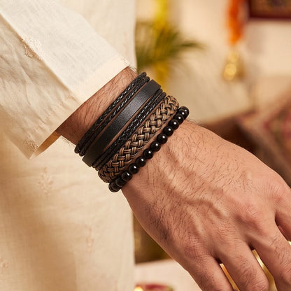 THE MEN THING Leather Bracelet The Perfect Rakhi Gift For Every Brother – GOLDEN WEAVE BLACK - Leather Adjustable Bracelets With Timeless Style
