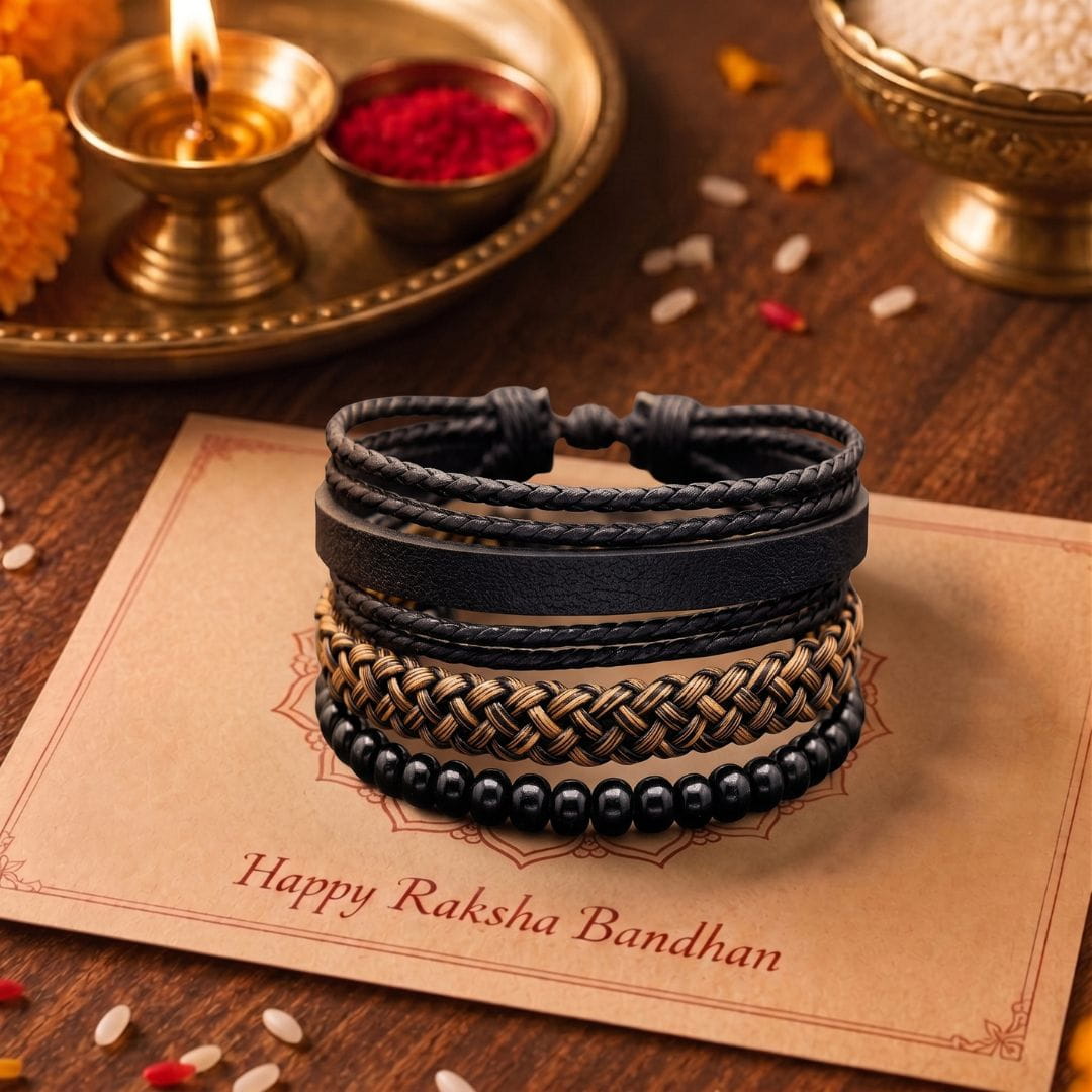 THE MEN THING Leather Bracelet The Perfect Rakhi Gift For Every Brother – GOLDEN WEAVE BLACK - Leather Adjustable Bracelets With Timeless Style