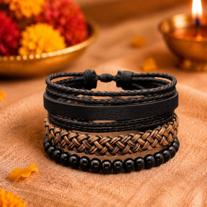 THE MEN THING Leather Bracelet The Perfect Rakhi Gift For Every Brother – GOLDEN WEAVE BLACK - Leather Adjustable Bracelets With Timeless Style