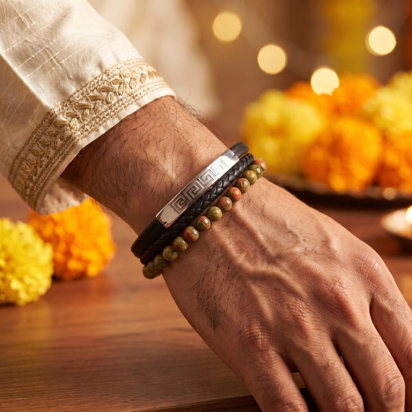 The Perfect Rakhi Gift For Every Brother – GREEK KEY UNAKITE BLACK - Premium Leather Multi-Layer Bracelet With Timeless Style (8inch)