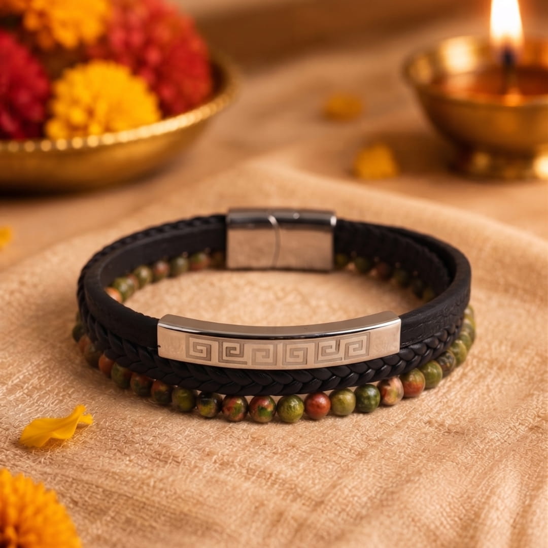 THE MEN THING Leather Bracelet The Perfect Rakhi Gift For Every Brother – GREEK KEY UNAKITE BLACK - Premium Leather Multi-Layer Bracelet With Timeless Style (8inch)