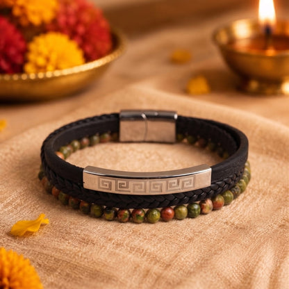 THE MEN THING Leather Bracelet The Perfect Rakhi Gift For Every Brother – GREEK KEY UNAKITE BLACK - Premium Leather Multi-Layer Bracelet With Timeless Style (8inch)