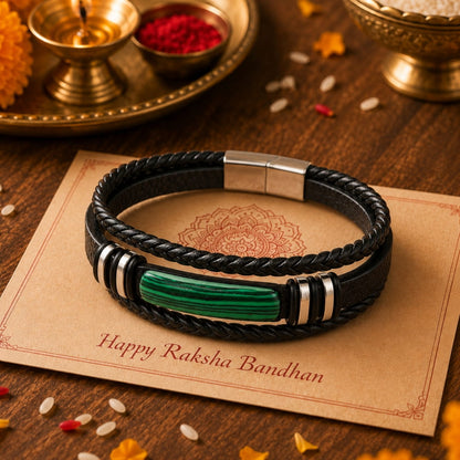 THE MEN THING Leather Bracelet The Perfect Rakhi Gift For Every Brother – GREEN HOWLITE CORE - Premium Leather Multi-Layer Bracelet With Timeless Style (8inch)