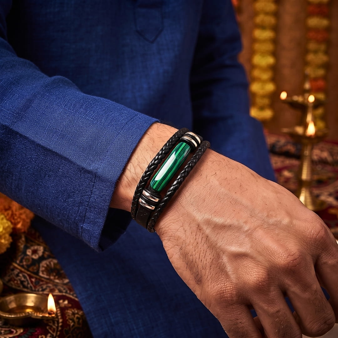 THE MEN THING Leather Bracelet The Perfect Rakhi Gift For Every Brother – GREEN HOWLITE CORE - Premium Leather Multi-Layer Bracelet With Timeless Style (8inch)