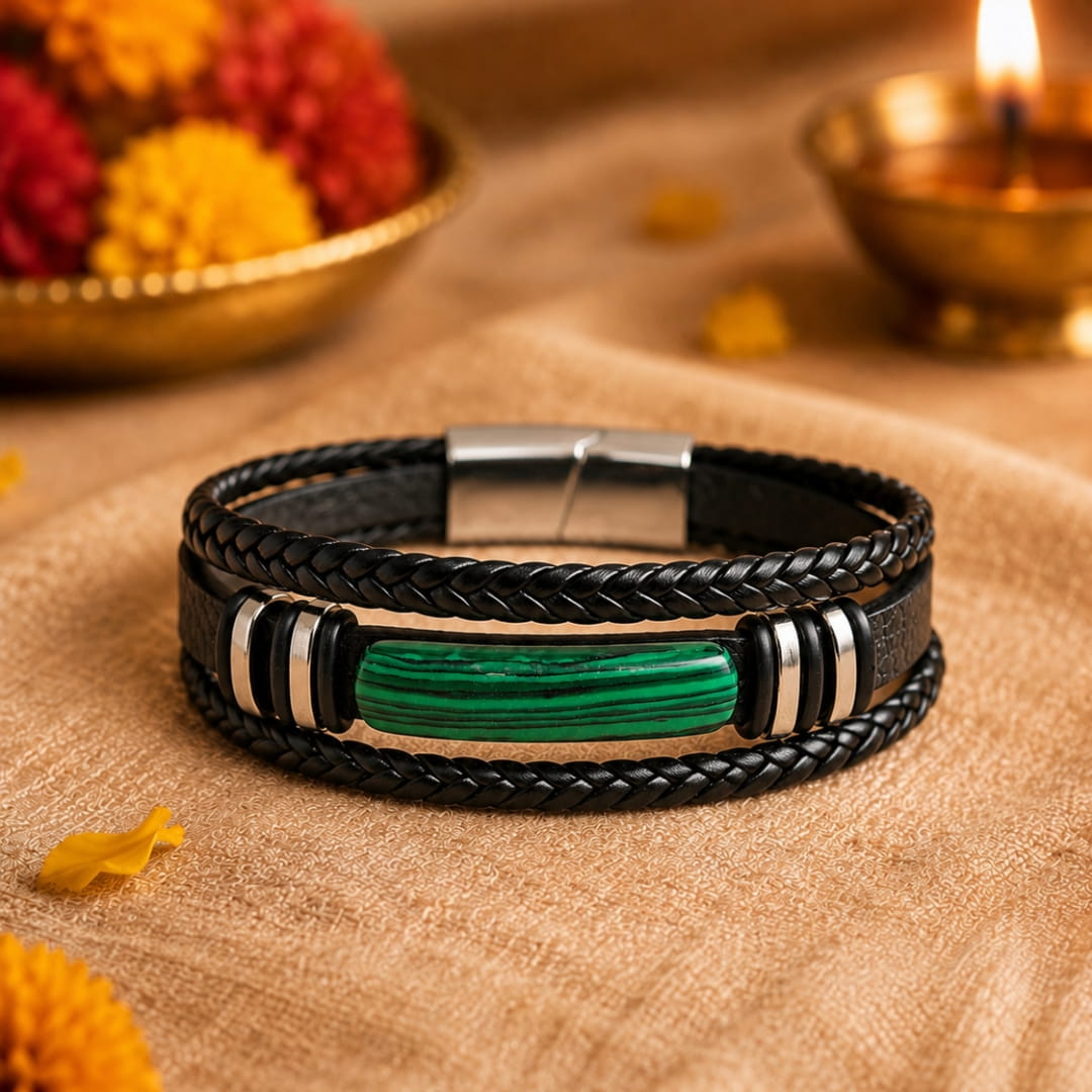 THE MEN THING Leather Bracelet The Perfect Rakhi Gift For Every Brother – GREEN HOWLITE CORE - Premium Leather Multi-Layer Bracelet With Timeless Style (8inch)