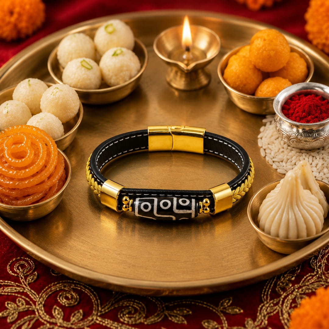 THE MEN THING Leather Bracelet The Perfect Rakhi Gift For Every Brother – GUARDIAN DZI - Premium Leather Bracelet With Timeless Style (8inch)