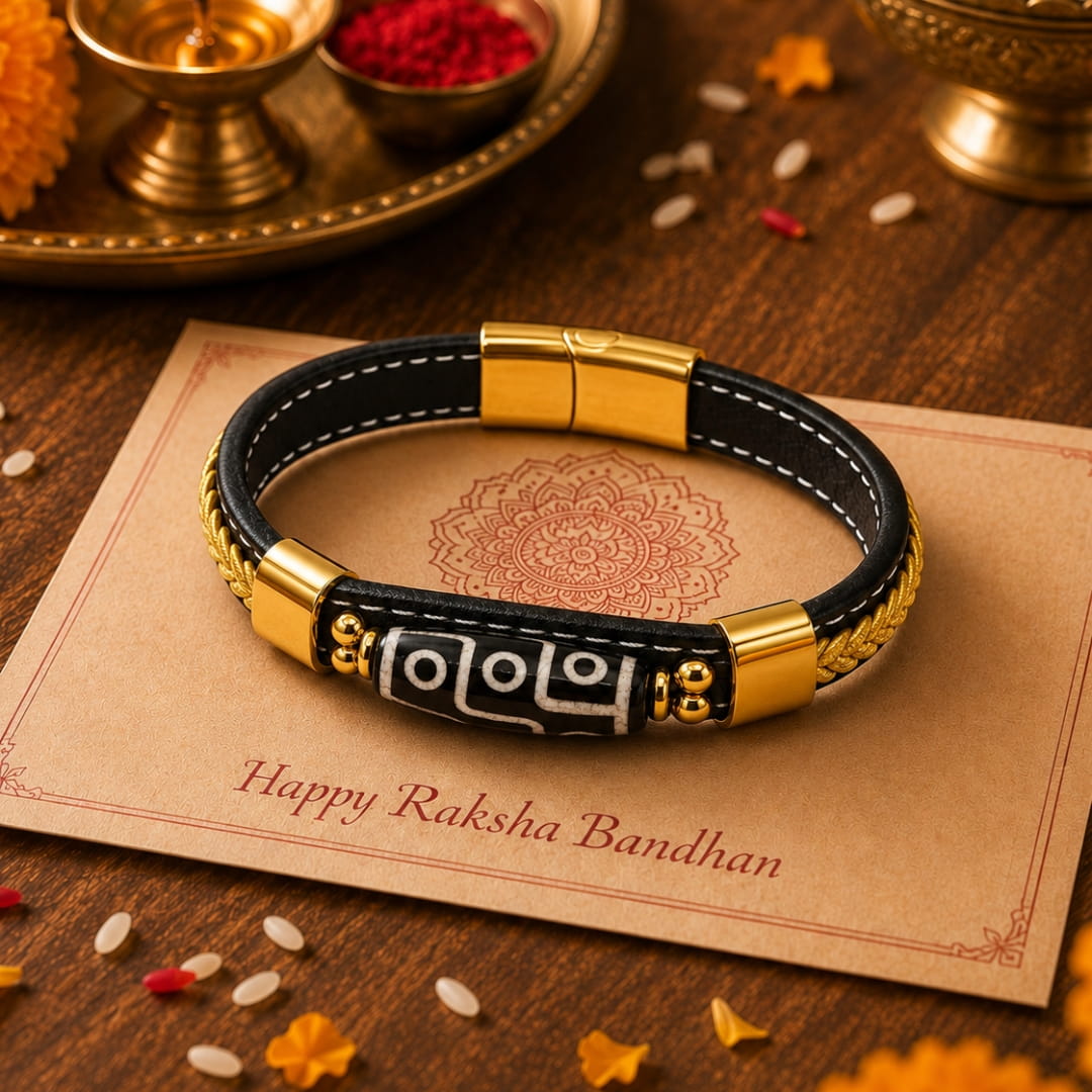 THE MEN THING Leather Bracelet The Perfect Rakhi Gift For Every Brother – GUARDIAN DZI - Premium Leather Bracelet With Timeless Style (8inch)
