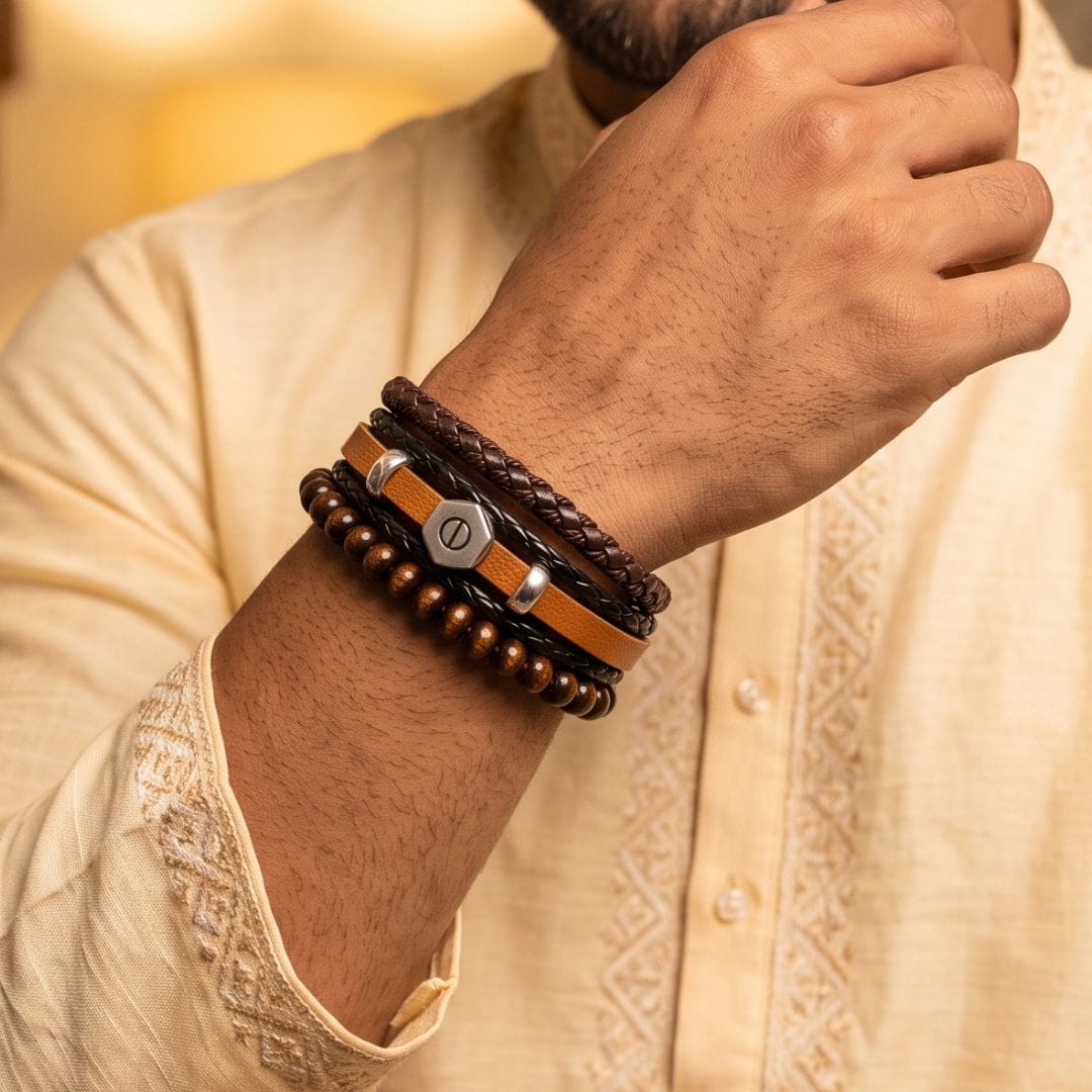 THE MEN THING Leather Bracelet The Perfect Rakhi Gift For Every Brother – HEX BOLT BROWN - Leather Adjustable Bracelets With Timeless Style