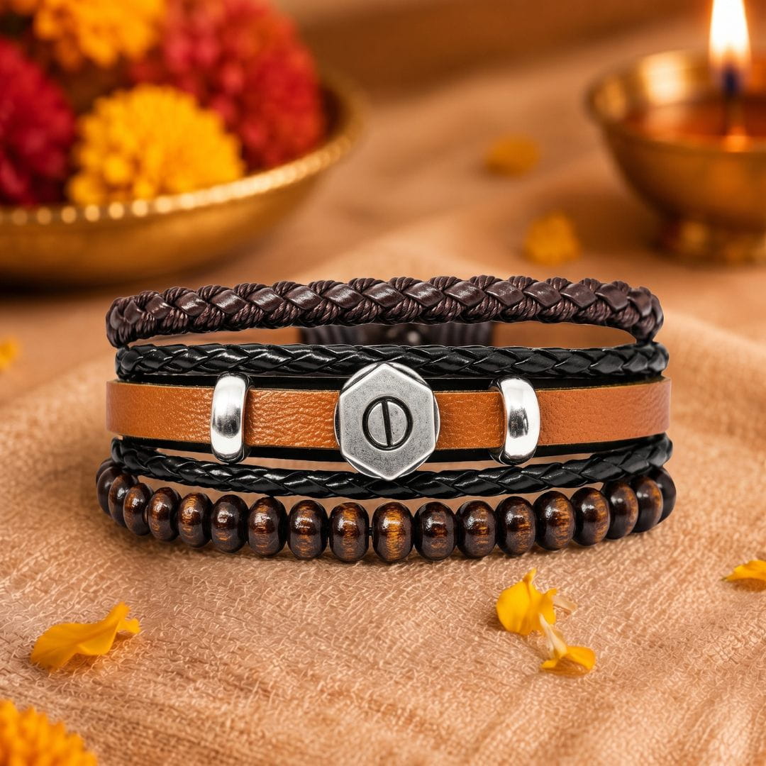 THE MEN THING Leather Bracelet The Perfect Rakhi Gift For Every Brother – HEX BOLT BROWN - Leather Adjustable Bracelets With Timeless Style