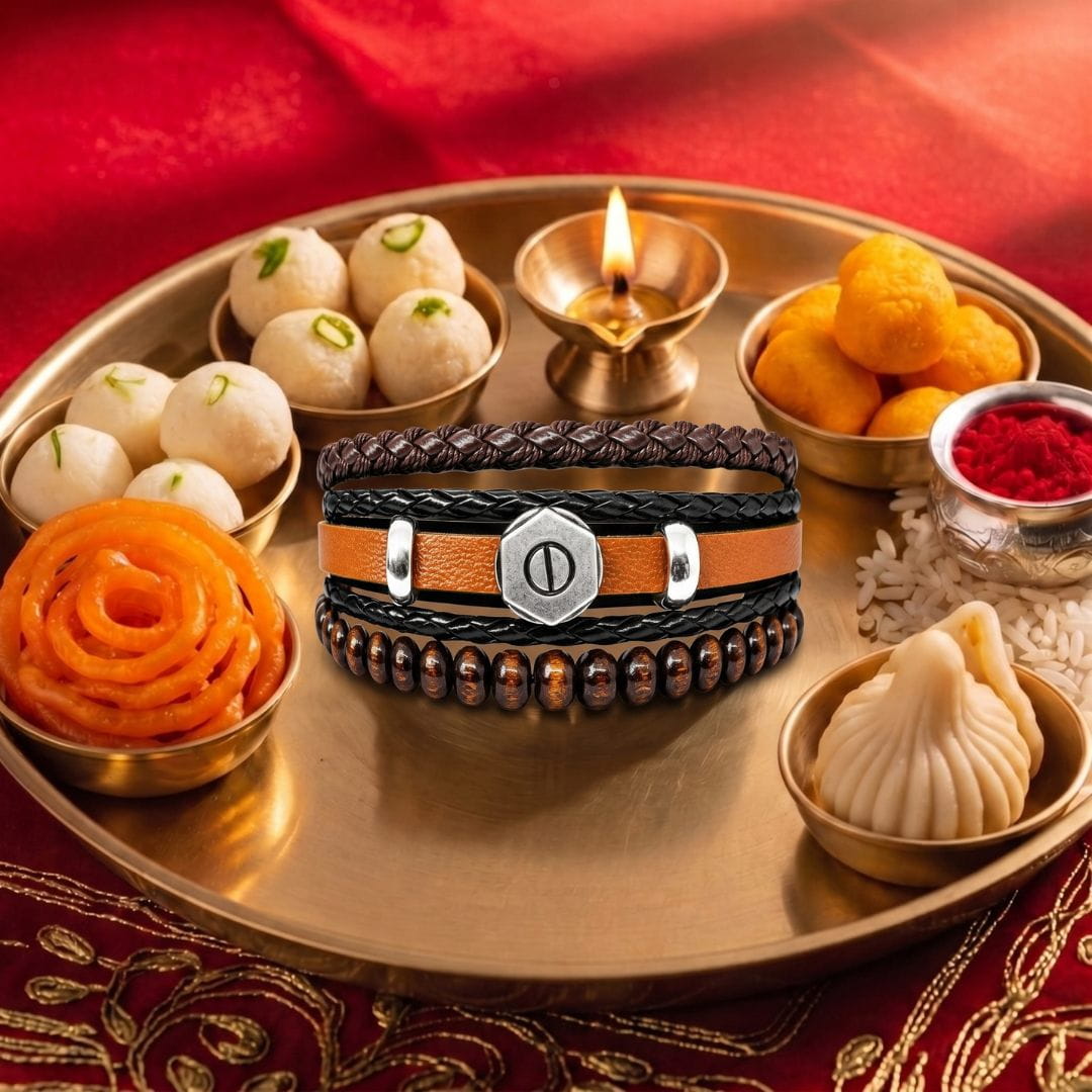 THE MEN THING Leather Bracelet The Perfect Rakhi Gift For Every Brother – HEX BOLT BROWN - Leather Adjustable Bracelets With Timeless Style